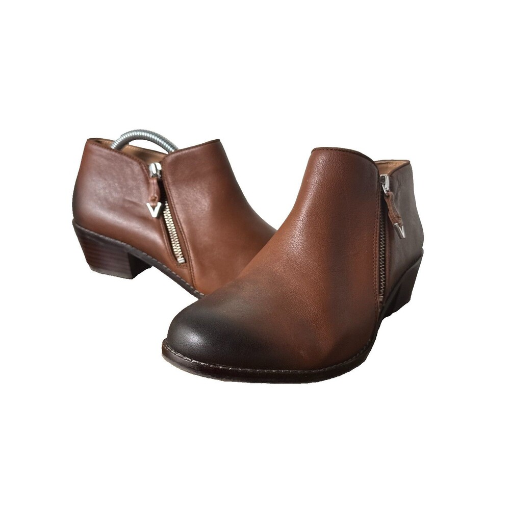 Vionic Brown Leather Ankle Boots Booties Block Heel Zip Western Womens Size 9